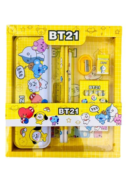 BT21 BTS stationery Kit Including BT21 Pecil Box,2 Pencils,6 Crayon Colors,1 Ruler, Scale Eraser Sharpener