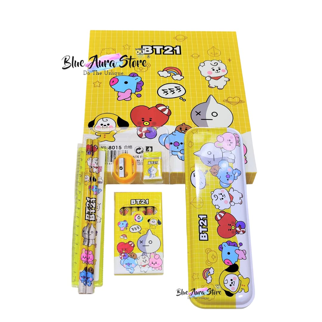 BT21 BTS stationery Kit Including BT21 Pecil Box,2 Pencils,6 Crayon Colors,1 Ruler, Scale Eraser Sharpener