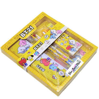 BT21 BTS stationery Kit Including BT21 Pecil Box,2 Pencils,6 Crayon Colors,1 Ruler, Scale Eraser Sharpener