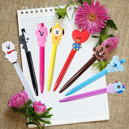 BTS Pen Set of 8 Multi color For School & College Students | bt21 Characters on cap