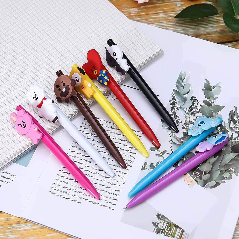 BTS Pen Set of 8 Multi color For School & College Students | bt21 Characters on cap