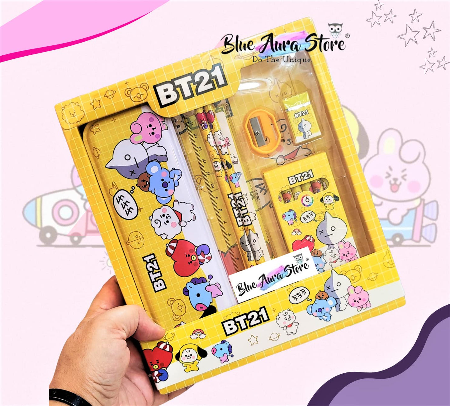 BT21 BTS stationery Kit Including BT21 Pecil Box,2 Pencils,6 Crayon Colors,1 Ruler, Scale Eraser Sharpener