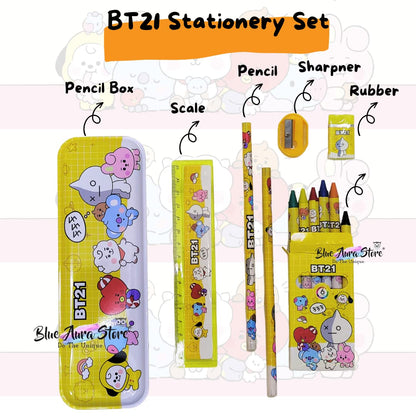 BT21 BTS stationery Kit Including BT21 Pecil Box,2 Pencils,6 Crayon Colors,1 Ruler, Scale Eraser Sharpener